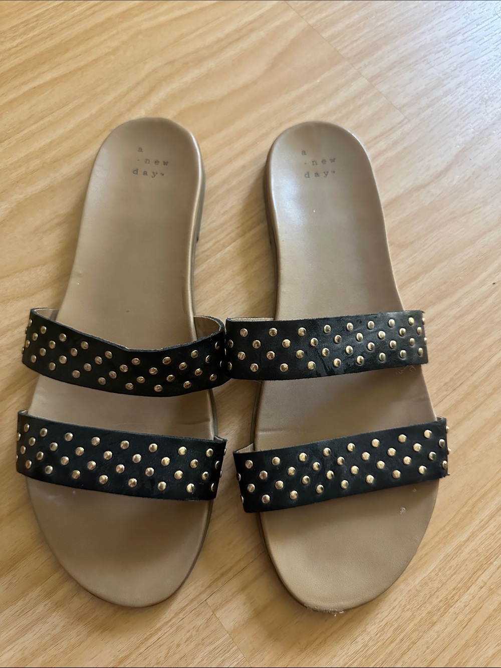a new day Black Double-Strap Slide Sandals with Gold Studs